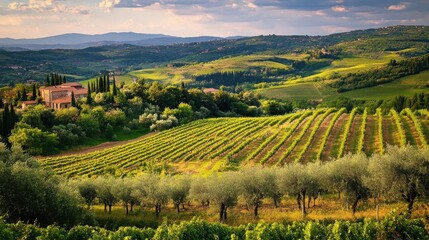 Picturesque vineyard landscape with a traditional farmhouse nestled amidst rolling hills.