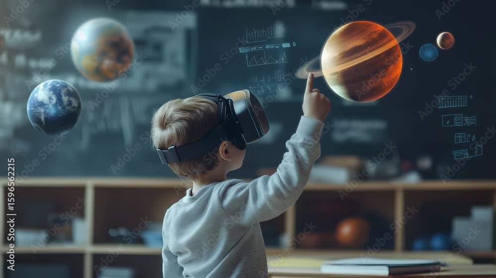 Poster a boy in vr headset engages with a virtual reality experience, pointing at planets while learning ab