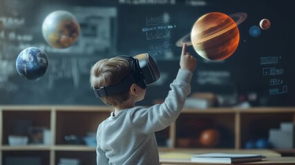 A boy in vr headset engages with a virtual reality experience, pointing at planets while learning about space in a classroom setting - Powered by Adobe