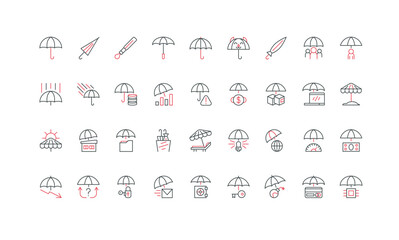 Umbrella protection emblem for secure access and data, money, delivery box line icon set. Open and closed umbrella, shield over key and creative idea thin black and red symbols vector illustration