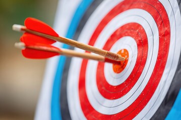 Two arrows with red fletching are hitting the center of an archery target with red and blue rings, representing successful goal achievement and precision