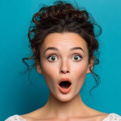 A portrait of a woman expressing amazement. Her eyes are wide with surprise and her mouth is open