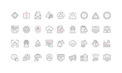 Warning information, error message of problem line icon set. Triangle, circle, octagon, rhombus signs with exclamation point to stop and warn thin black and red outline symbols vector illustration