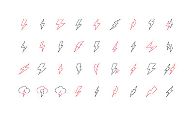 Lightning bolts of various shape and style, electric energy and voltage, warning line icon set. Speed light flash, storm zig zag from cloud thin black and red outline symbols vector illustration