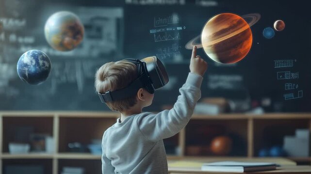 A boy in vr headset engages with a virtual reality experience, pointing at planets while learning about space in a classroom setting