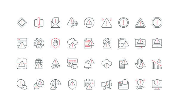 Warning information, error message of problem line icon set. Triangle, circle, octagon, rhombus signs with exclamation point to stop and warn thin black and red outline symbols vector illustration