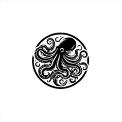 Stylized Black Octopus in Circular Emblem.