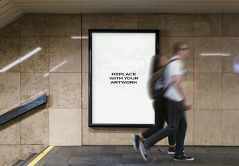 Subway Metro Outdoor Glued Poster Advertising Billboard Mockup Template on Wall