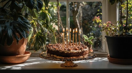 Birthday cake with lit candles on a windowsill.