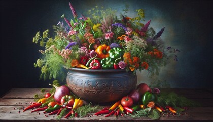 Rustic Vegetable and Wildflower Still Life Art