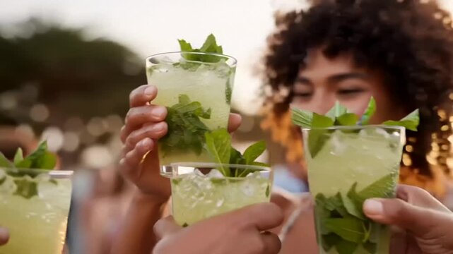 Close-up of friends toasting w/ mint mojitos, celebrating social gatherings, enjoying refreshing summer drinks outdoors diverse group sharing cocktails, highlighting friendship, leisure, & relaxation