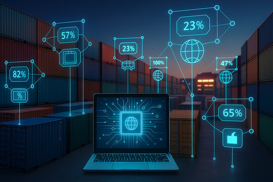 Smart logistics network analysis with digital data icons, AI automation for cargo containers, futuristic laptop screen interface in global supply chain management, freight distribution, shipment techn