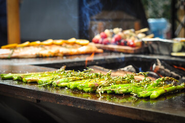 Great grill, grilled meat on the grill and vegetables