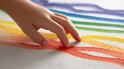 Child's hand touching colorful paint strokes on fabric.
