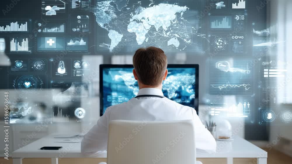 Poster a medical professional reviews holographic health data and visualizations on a computer screen in a 