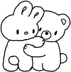 포옹하는 토끼와 곰 캐릭터 라인 손그림