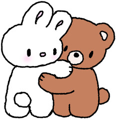 포옹하는 토끼와 곰 캐릭터 손그림 일러스트