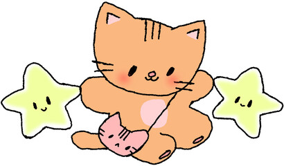 별과 함께 있는 고양이 캐릭터와 고양이 가방 손그림