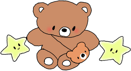 별과 함께 있는 곰돌이 캐릭터와 곰돌이 가방 손그림