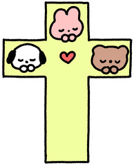 십자가 속 기도하는 동물 캐릭터 일러스트 스티커