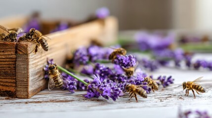 Busy bees collect nectar from lavender blossoms.
