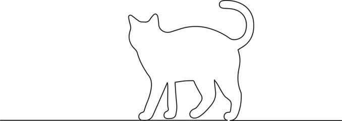 Continuous black line illustration of a walking cat on white background in simple vector design