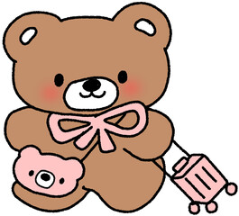 여행 가방을 끄는 곰돌이 캐릭터 손그림 스티커