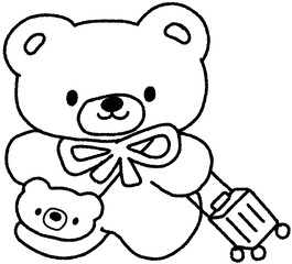 여행 가방을 끄는 곰돌이 라인 손그림 드로잉