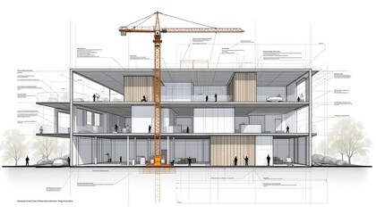 Detailed rendering of a multi story structure under development, showcasing a structural engineering blueprint integrated with architectural design elements