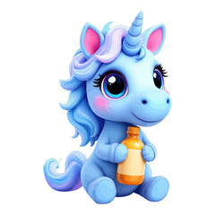 Cute Blue Unicorn with Bottle Illustration for Children

