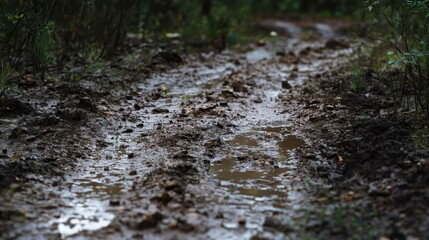 Obraz premium Muddy Trail Path in Forest with Water Puddles and Vegetation