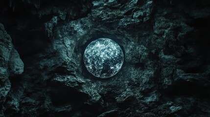 Fototapeta premium Mysterious Cave Opening Revealing Sparkling Celestial Sphere