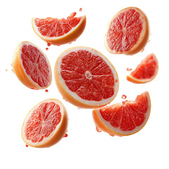 Fresh grapefruit slices floating in air studio food photography bright on transparent background
