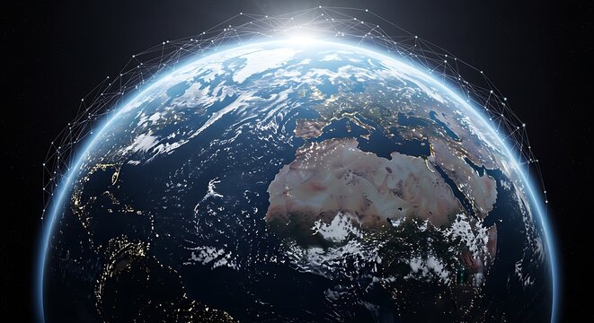 Blue Planet Earth Globe with Digital Network in Dark Space