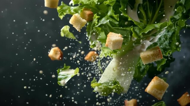 Dynamic Caesar salad elements mid-air with dressing splashes against a dramatic dark grey background 