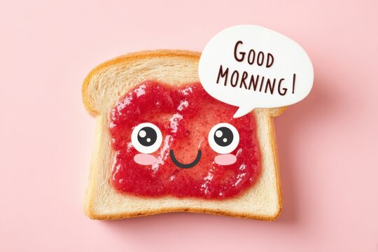 Slice of white bread toast with strawberry jam and a cute cartoon face drawn on it is saying good morning in a speech bubble, lying on a pink background