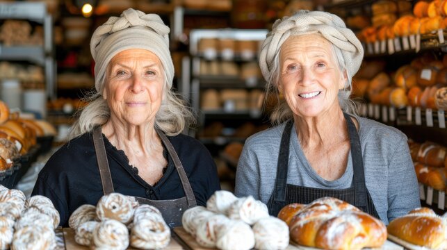 Two smiling female bakers presenting freshly baked bread in a cozy bakery with warm ambiance