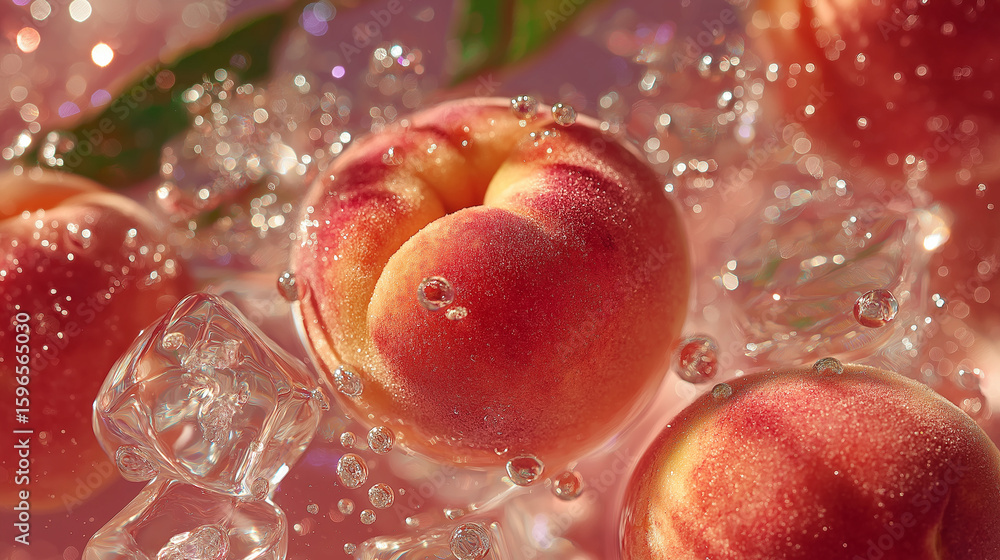 Poster juicy peach splash: capture the freshness and invigorating essence of ripe peaches in a dynamic spla