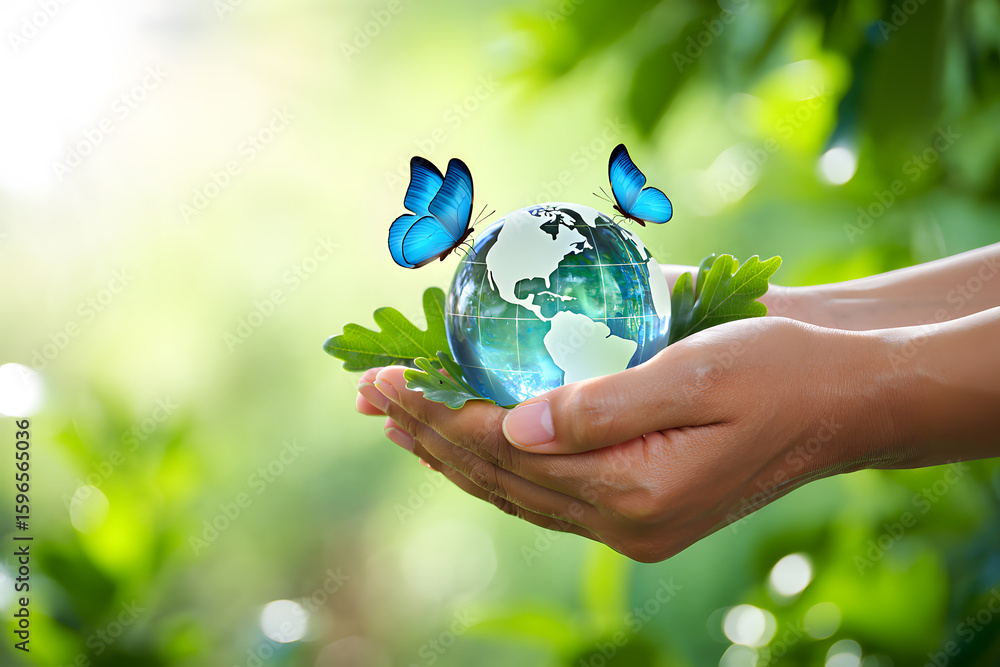 Poster delicate balance a visual metaphor for environmental harmony showcasing hands gently supporting a gl