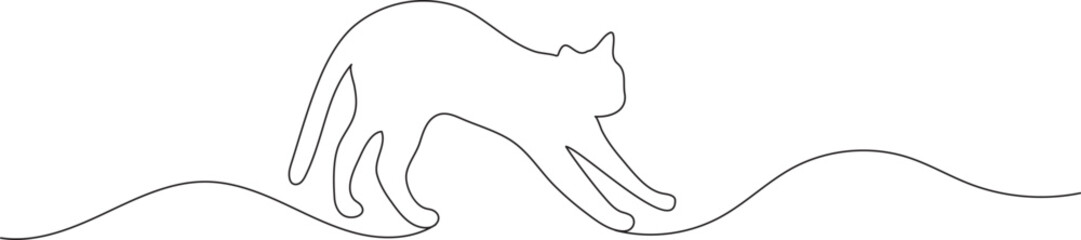 Continuous black line illustration of a walking cat on white background in simple vector design