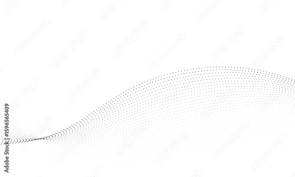 Poster dynamic particle waves in a halftone gradient form a flowing dot curve against a white backdrop, emb
