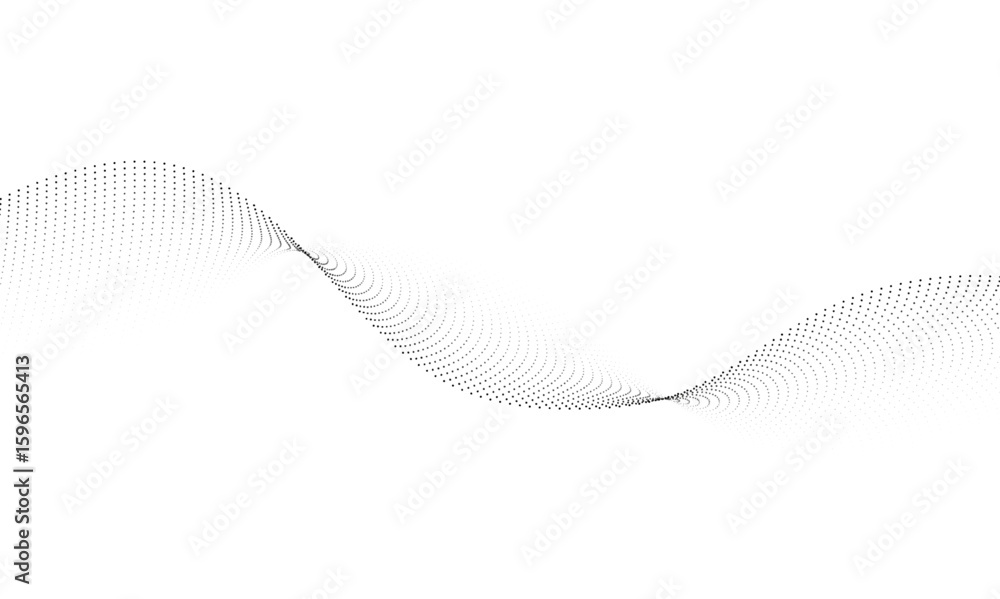 Poster dynamic particle waves in a halftone gradient form a flowing dot curve against a white backdrop, emb