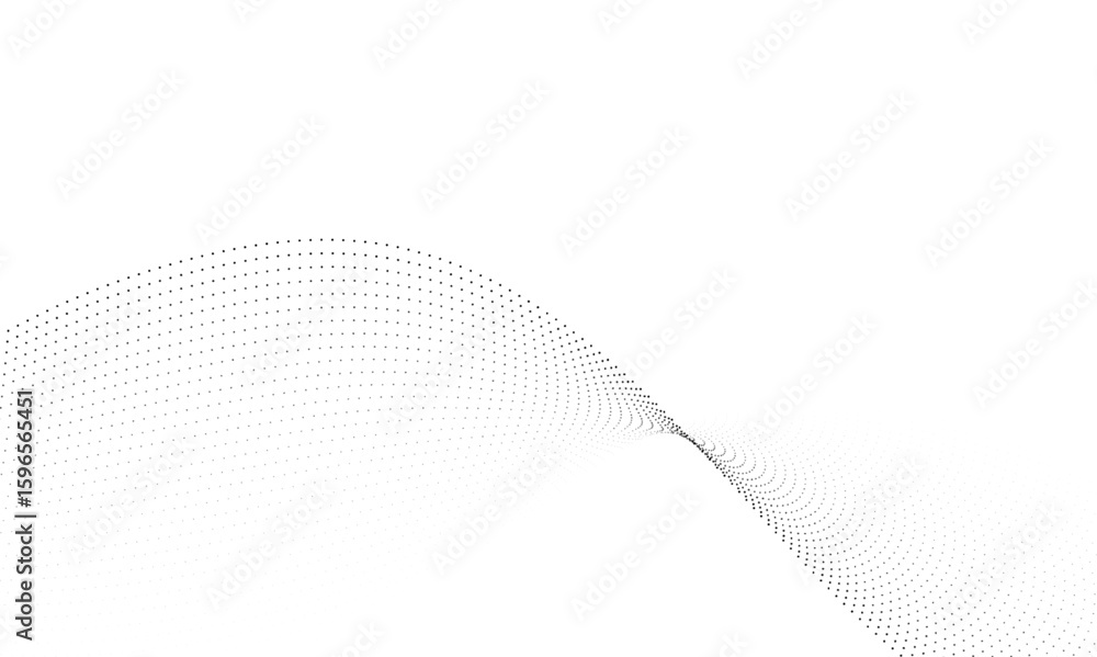 Poster dynamic particle waves in a halftone gradient form a flowing dot curve against a white backdrop, emb