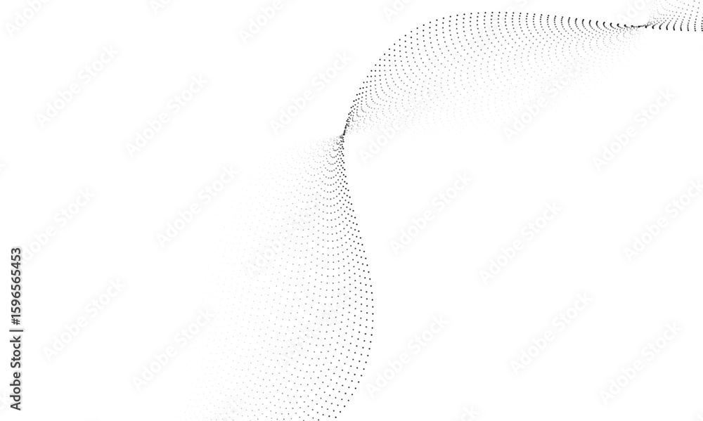 Poster dynamic particle waves in a halftone gradient form a flowing dot curve against a white backdrop, emb