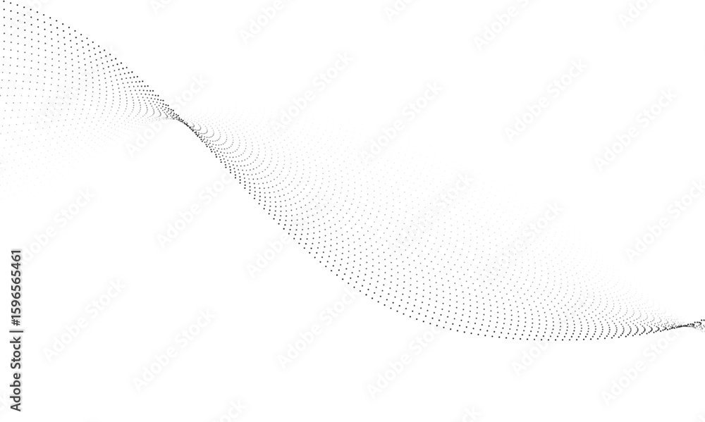 Poster dynamic particle waves in a halftone gradient form a flowing dot curve against a white backdrop, emb