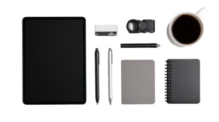Organized minimalist workspace setup with tablet on transparent background

