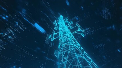 High-Speed Data Animation Around Digital Communication Tower Hologram - Powered by Adobe