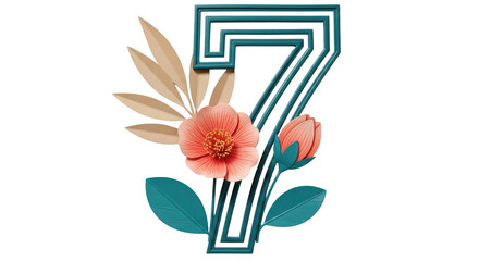 Isolated Number Seven with Flowers and Leaves