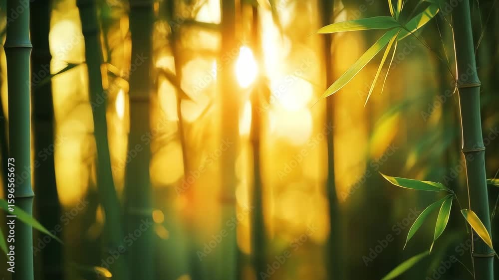 Poster soft sunlight filters through a bamboo grove, creating a tranquil atmosphere in a forest during the 