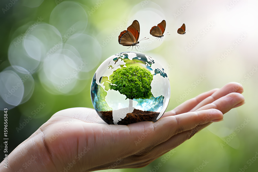 Poster fragile ecosystem a hand gently supports a glass globe encasing a thriving tree with butterflies sym